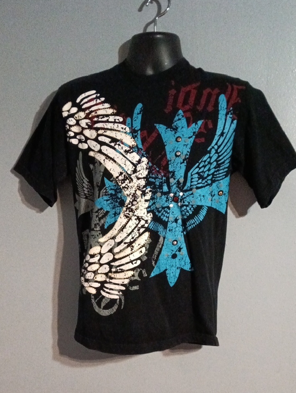 Indigo 30 Black Graphic Men's T-Shirt with Blue & White Wing Design